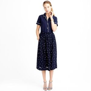 J. Crew Navy Polka Dot Midi Skirt Pleats Pockets Lined - Size 10